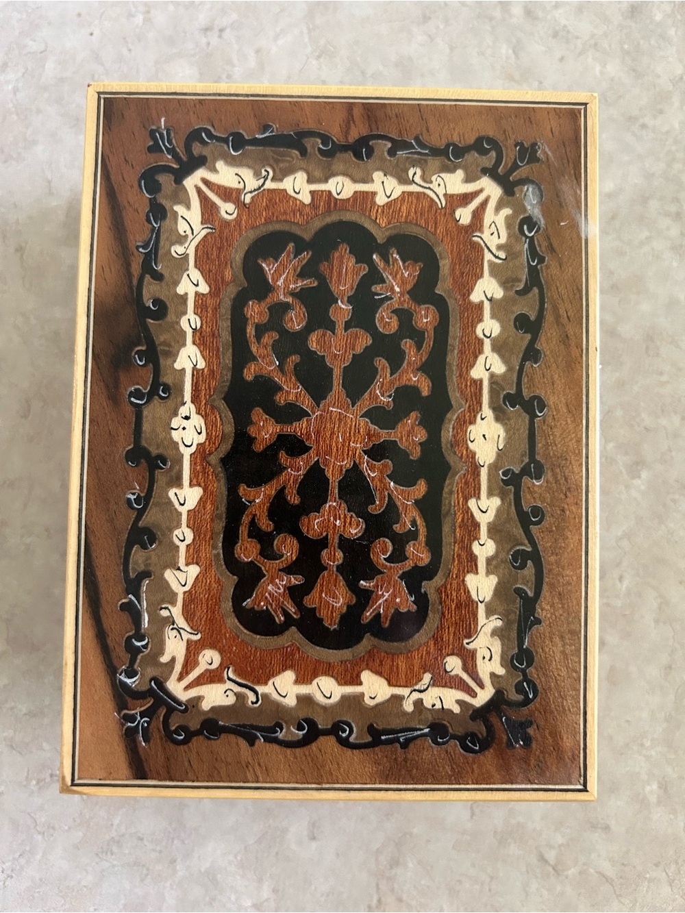 Italian and Swiss Wood Inlay music Box with Black and Cream Accents